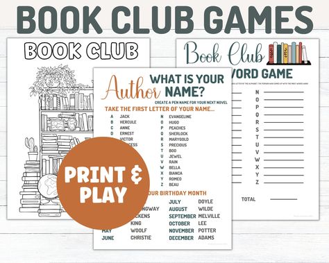 Book Club Game Bundle Printable Party Games Instant - Etsy UK Pen Name Generator, Book Club Games, Club Games, Book Club Activities, Printable Party Games, Club Activities, Corkboard Ideas Decor, Create Name, Character Words