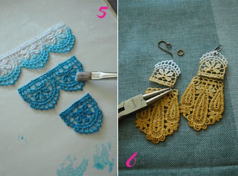 Ombre Lace DIY-3 Diy Lace Earrings, Bijoux Art Nouveau, Lace Painting, Diy Ombre, Lace Diy, Schmuck Diy, Ombre Lace, Crochet Earrings Pattern, Geode Earrings