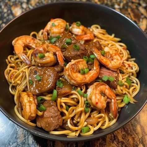 Steak Noodles, Shrimp Teriyaki, Teriyaki Noodles, Beef Round Steak, Teriyaki Steak, Teriyaki Shrimp, Shrimp Noodles, Steak And Shrimp, Shrimp Dishes