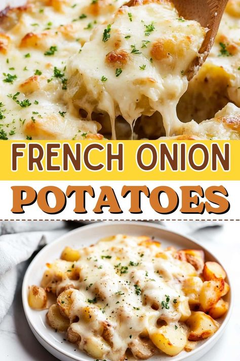 These French onion potatoes are rich and savory. The combination of creamy potatoes, Gruyere cheese, and the robust flavors of French onion soup creates an irresistible dish! Bbq Egg Rolls, Potatoes Gruyere, French Onion Potatoes, Potato Recipes Roasted, Bbq Egg, Hot Side Dishes, Spice Blend Recipes, Potatoes For Dinner, Onion Potatoes