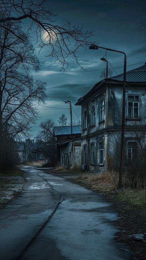 Creepy Town Aesthetic, Horror Village, Haunted House Pictures, Apocalypse Landscape, Helloween Wallpaper, Scary Backgrounds, Abandoned City, Apocalypse Aesthetic, Abandoned Town