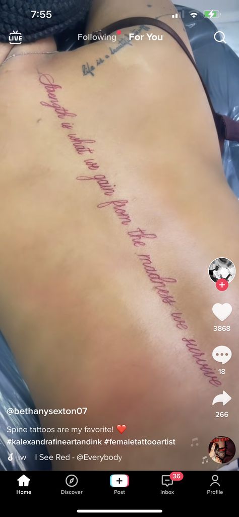 Red Spine Tattoos For Women Quotes, Spine Tat Quotes, Red Spine Tattoos For Black Women, Spine Scripture Tattoos For Women, Red Spine Tat, Quotes For Back Tattoos, Dainty Spine Tattoos For Women Quotes, Spine Tats Red Ink, Baddie Spine Tattoo Quotes