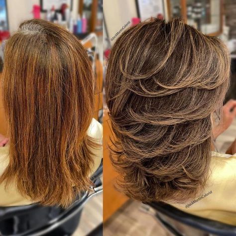 Medium Feathered Haircut Before and After Feathered Layered Hairstyles, Feathered Haircut, Hair Ideas For Women, Medium Shag Hairstyles, Shaggy Layers, Feathered Hair Cut, Jack Martin, Feathered Hair, Before And After Haircut