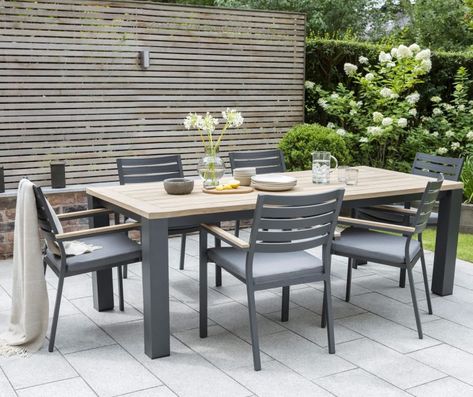 Part of our extensive range, the Kettler Elba Dining Table with 6 Chairs in Anthracite / Teak is available for FREE delivery on Garden4Less orders over £25! Contemporary Garden Furniture, Garden Sitting Areas, Chair Corner, Bbq House, Chair Garden, Table Garden, Dining Table Dimensions, Sitting Areas, Garden Table And Chairs