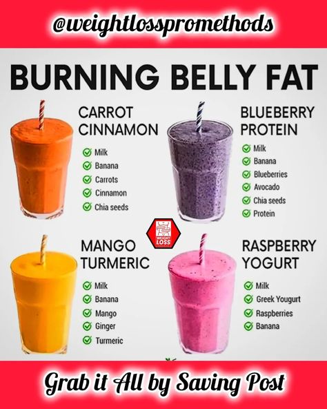 Kickstart your journey to a flatter belly with these powerful fat-burning smoothies! 🍹 💪 Whether you're craving the warm spice of Carrot Cinnamon, the fresh zest of Blueberry Protein, the golden goodness of Mango Turmeric, or the creamy delight of Raspberry Yogurt, we've got you covered. Each smoothie is packed with nutrient-dense ingredients that support weight loss, improve digestion, and keep you full and energized throughout the day. ✨ Why these smoothies? Carrot Cinnamon: Rich in fib... Healthiest Meals, Drinks Smoothies, Refreshing Snacks, Smoothie Recipes Healthy Breakfast, Smoothies Recipes, Yummy Smoothie Recipes, Smoothie Challenge, Fat Burning Smoothies, Smoothie Diet Plans