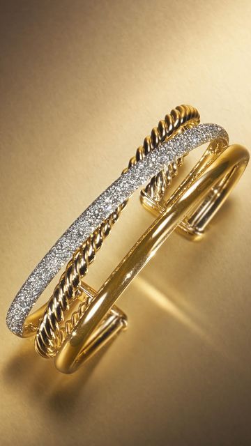 David Yurman on Instagram: "Three in one. With intertwined diamonds and Cable in 18K gold, this DY Crossover® cuff gives the look of stacked bracelets in one dimensional piece.

#DavidYurman" Diamond Cuff Bracelet, Stacked Bracelets, Three In One, Cuffs Bracelets, David Yurman, Bracelet Stack, Crossover, Cuff Bracelets, 18k Gold