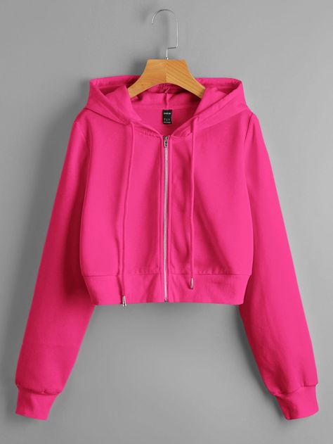 Hot Pink Casual Collar Long Sleeve Knitted Fabric Plain Zip Up Embellished Non-Stretch  Women Sweatshirts Hot Pink Cropped Hoodie, Neon Pink Clothes, Pink Zip Up, Hot Pink Shirts, Hot Pink Clothes, Hot Pink Outfits, Neon Pink Shirt, Hot Pink Hoodie, Hot Pink Jacket