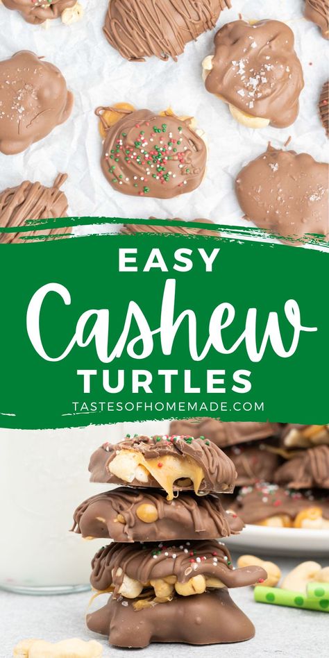 These cashew turtles are sweet, delicious clusters of cashews and gooey caramel that have been enrobed in sweet, decadent chocolate. Cashew Turtle Clusters, Cashew Turtles Recipe, Cashew Bark Recipe, Cashew Chocolate Clusters, Desserts With Cashews, Recipes Using Cashews, Cashew Sweets, Home Made Turtles, Turtle Chocolates