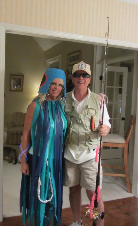 fishing lure Fisherman Costume Diy, Fisherman And Fish Halloween Costume, Family Fishing Costumes, Diy Fish Costume For Women, Fishing Lure Costume, Fisherman And Fish Costume, Fish Costume Diy Women, Fishing Halloween Costume, Fish And Fisherman Couples Costume