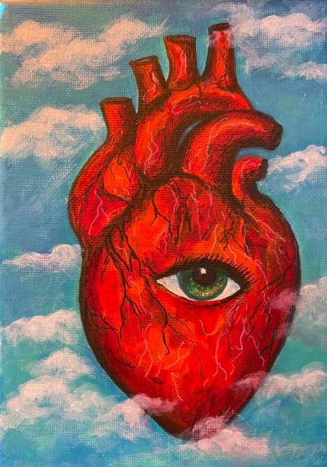 Trippy Heart Drawing, Heart With Eyes Drawing, Aesthetic Eye Art, Heart Surrealism, Juxtaposed Art, Hearts With Eyes, Heart With Eyes, Modernism Art, Eyes Painting