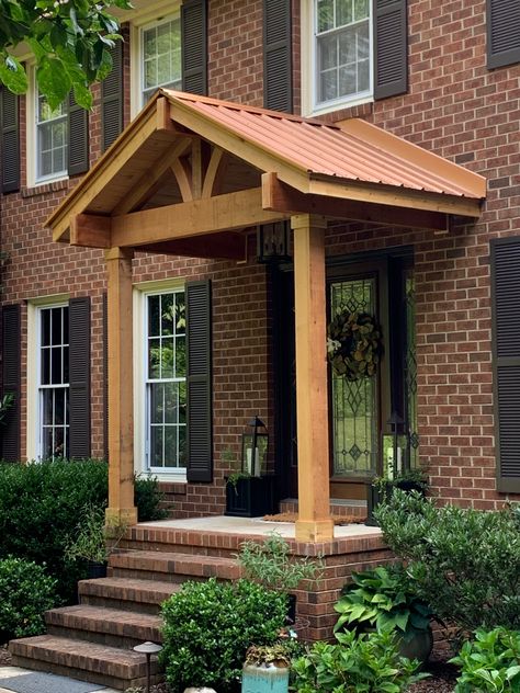 Covered Side Door Entry, Portico Entry Double Door, Front Door Covered, Front Door Roof Overhang Entrance, Small Front Porch Roofs, Cedar Awning Over Door, Roof Over Front Door Entrance, Simple Portico Entry, Front Awning Ideas Entrance