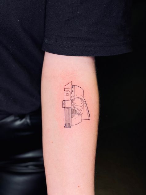 Star Wars tattoo. Dart Vader tattoo. Anakin Skywalker. Star Wars Anakin Tattoo Ideas, Count Dooku Lightsaber Tattoo, Vader Tattoo Minimalist, Lightsaber Tattoo Minimalist, Starwars Tattoo Anakin, Starwars Tattoo Small Anakin, Star Wars Tattoo Darth Vader, Darth Vader Tattoos, Anakin Skywalker Lightsaber Tattoo