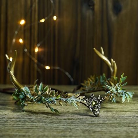 Crown With Horns, Elf Headpiece, Birthday Moodboard, Faire Outfit, God Jewelry, Antler Crown, Elf Crown, Forest God, Majestic Nature