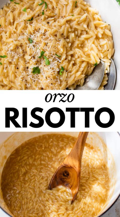 This 30-minute Orzo Risotto recipe is addictively decadent. It’s made with orzo pasta instead of arborio rice but is just as creamy, flavorful, and cheesy as traditional risotto! Creamy Orzo Recipes, Traditional Risotto, Dairy Free Risotto, Creamy Orzo Pasta, Cheesy Orzo, Orzo Risotto, Orzo Pasta Recipes, Pizza Pasta Recipe, Easy Risotto