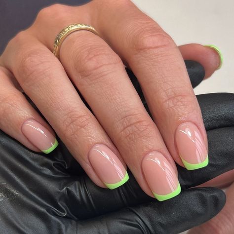 Short Green French Tip, Short Acrylic Nails Square French Tip, Short Green French Tip Nails, Bright Green Tips Nails, Green French Tip Nails Short, Green French Manicure, French Nails Green, Neon Green French Tip, Summer 2024 French Nails