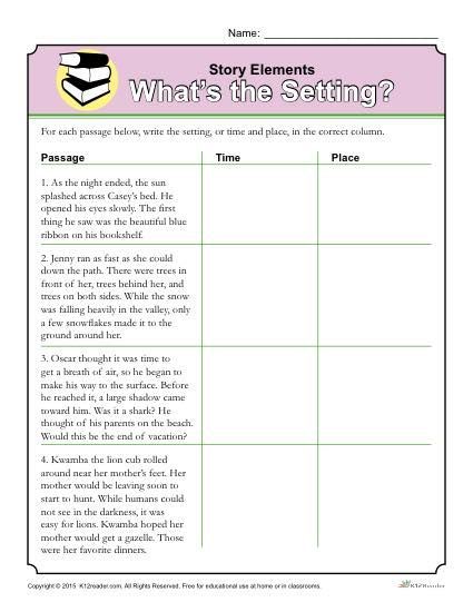 Students learn about Story Elements by reading 4 different passages and writing the setting (time and place) for each of the passages. Click here to print! Story Brainstorming Worksheet, Literary Elements Worksheet, Teaching Setting 4th Grade, Setting Of A Story Activities, Teaching Setting Of A Story, Story Setting Worksheet, Setting Of A Story, Plot Worksheet, Reading Skills Worksheets