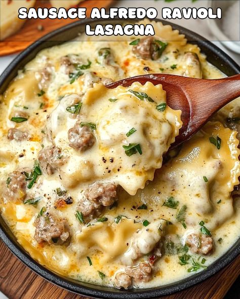 Creamy Sausage Alfredo Ravioli Lasagna – Foodyhealthylife Sausage Ravioli Sauce Recipe, Mushroom Ravioli With Sausage, Ravioli Lasagna Alfredo, Smoked Sausage Ravioli, Italian Sausage And Ravioli Recipes, Crockpot Ravioli Lasagna Crock Pot, Sausage Ravioli Recipe Dinners, Italian Sausage Ravioli Sauce, Sausage Ravioli Sauce