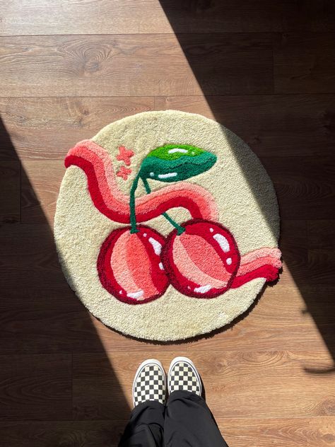 Tufting Punch Needle, Mini Tufted Rug, Cool Bedroom Rugs, Cute Tufted Rug, Tuft Rug Design Ideas, Tulip Rug, Tufted Rug Ideas, Rug Tufting Ideas, Cherry Rug