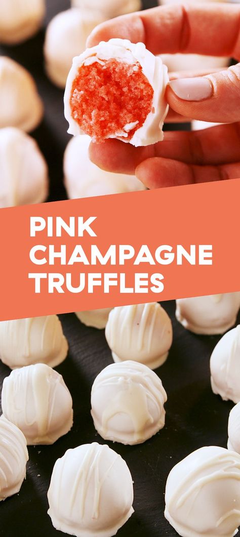 How many of these Pink Champagne Truffles are you throwing back this New Year's Eve?! Get the recipe at Delish.com. #recipe #easy #easyrecipes #delish #champagne #truffles #party #partyideas #wine #bubbly #dessert #dessertrecipes #baking Champagne Appetizers, Truffles Valentines Day, Cake Mix Truffles, Champagne Bachelorette, Cocktails Vodka, New Year's Desserts, Dessert Truffles, Champagne Truffles, Champagne Drinks