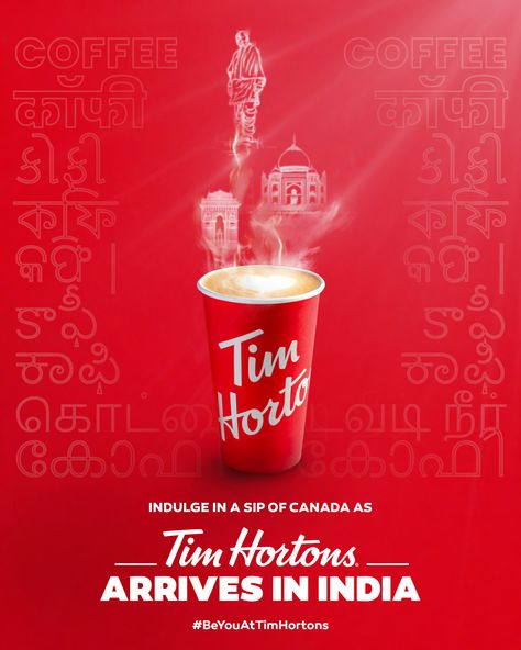 Regarding the launch of Tim Hortons in India, I have taken into account the Indian preference for hot coffee. In the design, I have ingeniously incorporated the steam of the coffee to showcase a prominent Indian monument. This unique approach aims to create a direct connection with the Indian audience. As using all the monuments in one graphic is not feasible, I have opted to use Indian languages written in the background to represent the country's cultural diversity. Launch Creative Ads, Coffee Creative Ads, Product Launch Ideas, Indian Graphic Design, Bank Images, Coffee Ads, Creative Social Media Post, Coffee Advertising, Advertisement Poster