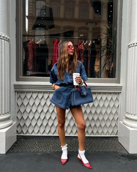 nyfw outfit #2 💙🤍❤️ denim set: @shonajoy @revolve @saudade.usa bag: @louisvuitton mesh kitten heels: @stevemadden bangles: @8otherreasons earrings: @gimmestore__ socks & sunnies: @amazonfashion #fallfashioninspo #denimondenim #falloutfitideas #fallfashion2024 #nyfw2024 #nyfwstreetstyle #nyfwss25 Heels And Sweatshirt Outfit, Socks And Heels Outfit Dress, Cool Comfy Outfits Summer, Casual One Piece Outfit, Cheetah Kitten Heels Outfit, Heels And Socks Outfit, Mesh Socks Outfit, Kitten Heel Boots Outfit, Heels With Shorts