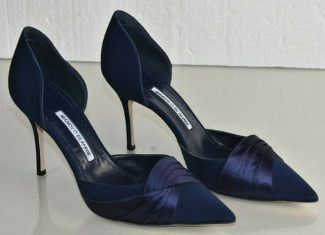 Blue Satin Shoes, Blue Pumps Heels, Manolo Blahnik Blue, Navy Blue Pumps, Navy Blue Heels, Navy Heels, Heels Aesthetic, Manolo Blahnik Heels, Satin Shoes