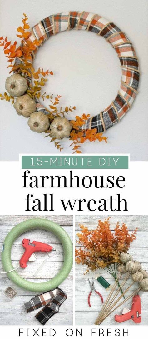 Foam Wreath Ideas Diy Fall, Simple Autumn Wreath, Fall Wreath Crafts For Adults, Simple Diy Fall Wreath, Simple Fall Wreath Diy, Foam Wreaths Diy, Fall Wreaths Ribbon, Farmhouse Fall Wreath Diy, Fall Ribbon Crafts