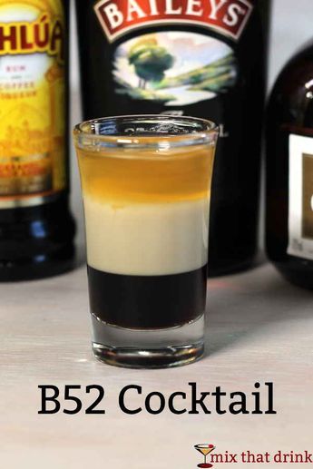 Classic B52 cocktail recipe: Kahlua, Bailey's, Grand Marnier | drink recipe | B-52 | #recipes #cocktails Grand Marnier Drinks, B52 Shot, Liquor Drinks, Boozy Drinks, Shot Recipes, Mixed Drinks Recipes, Cocktail Drinks Recipes, Grand Marnier, Jello Shots