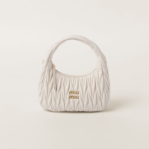 White Wander Matelassé Nappa Leather Hobo Bag | Miu Miu Miu Miu White Bag, Bags Miu Miu, Miu Miu Formal Shoulder Bag With Gold-tone Hardware, Formal Miu Miu Shoulder Bag With Gold-tone Hardware, Designer Miu Miu Shoulder Bag With Double Handle, Luxury Miu Miu Satchel Shoulder Bag, Luxury Miu Miu Shoulder Bag With Detachable Strap, Designer Miu Miu Double Handle Shoulder Bag, Designer Miu Miu Shoulder Bag With Gold-tone Hardware