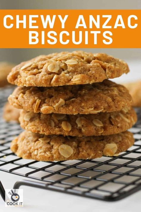 Love your Anzac biscuits chewy?  Me too!  This recipe creates perfectly soft & chewy Anzac biscuits every time with just a few simple ingredients.  Cook in either the oven or the air fryer - instructions are included for both. Easy Anzac Biscuits, Oat Biscuit Recipe, Healthy Anzac Biscuits, Anzac Cookies, Healthy Biscuits, Ian Ziering, Kuih Lapis, Jason Priestley, Aussie Food