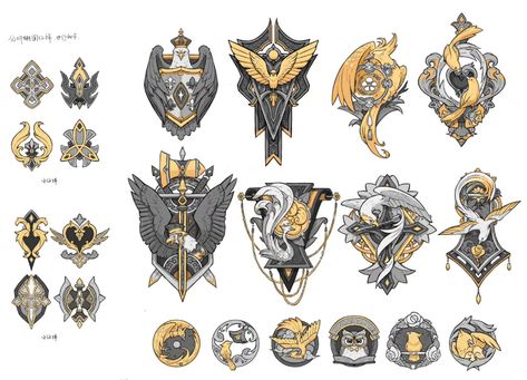 ArtStation - badge design, koyii kong Heraldry Design, Props Concept, 카드 디자인, Prop Design, Badge Design, Character Design Inspiration, Game Design, Art Sketches, Game Art