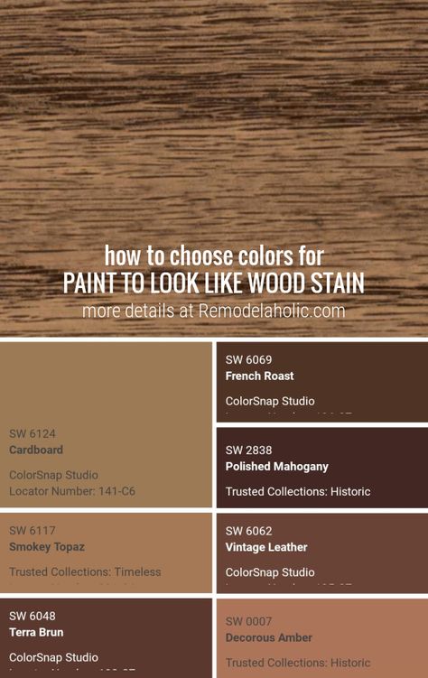 Learn how to faux stain using paint that looks like wood stain, plus this quick tip for an app to help choose the right paint colors to match the wood stain tone you want. Colors That Go With Collingwood, Cedar Colored Paint, Sw Banyan Brown Stain, Paint Colors For Cherry Wood Furniture, Exterior Paint That Looks Like Wood, Paint Color That Looks Like Wood, Natural Wood Paint Colors, Cedar Paint Color, Wood Look Painted Front Door