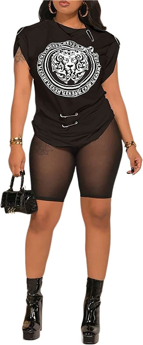 Amazon.com: Atyfuniby Womens Sexy Two Piece Outfits Printed T Shirts Blouse and Mesh See Through Skinny Shorts Sets : Clothing, Shoes & Jewelry Sheer Biker Shorts Outfit, Sheer Shorts Outfit, Mesh Shorts Outfit Black Women, Mesh Outfit Ideas, Mesh Leggings Outfit, Simply Outfit, Shorts And Tights Outfit, Mesh Shorts Outfit, Beyoncé Concert