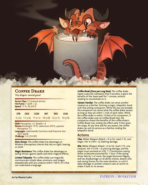 Coffee Drake - A cute dragon companion/familiar for D&D 5e Drake Dragon Art, Coffee Dragon, Drake Dragon, Dnd Creatures, Monster Manual, Dnd Stats, Tiny Dragon, Dnd Classes, Dnd Ideas