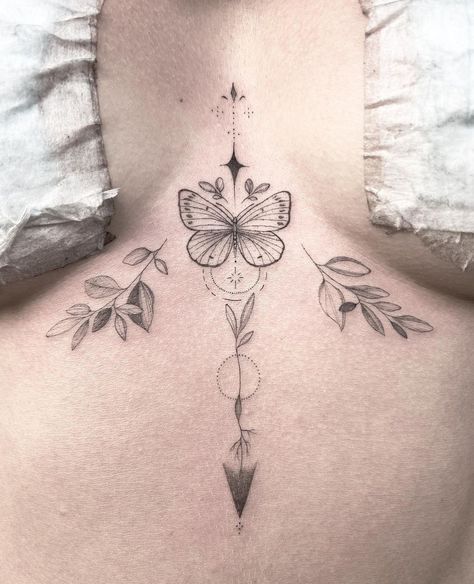 Lower Chest Tattoos For Women, Female Chest Tattoo Ideas Middle, Sternum Tattoo Women Butterfly, Girl Chest Tattoo Ideas, Tattoo Sternum Women, Butterfly Sternum Tattoo Women, Woman Chest Tattoo Middle, Middle Of The Chest Tattoo Women, Aesthetic Chest Tattoo