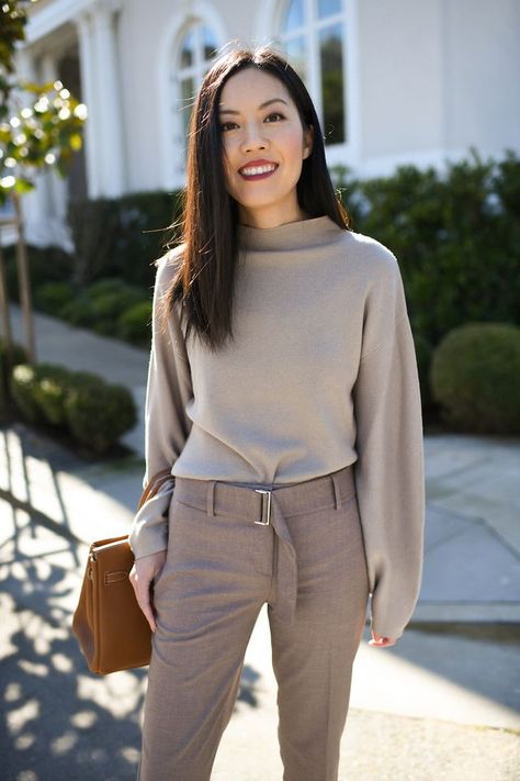 Taupe Dark Taupe Outfit, Taupe Sweater Outfit, Taupe Outfit, Poised Taupe, Sleek Outfit, Chic Outfits Classy, Taupe Sweater, Sweater Outfits Fall, Corporate Chic