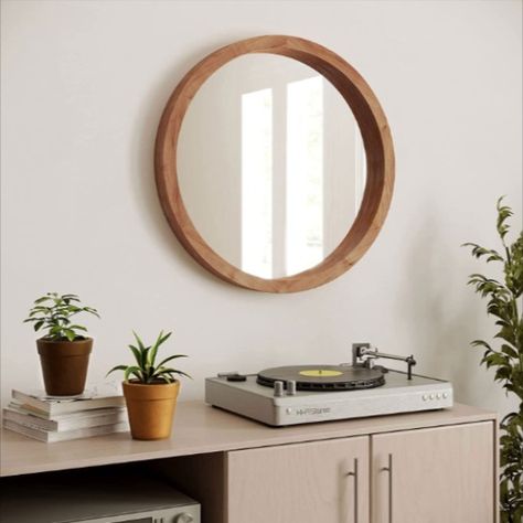 wooden mirror above vinyl record player. Large Circle Mirror, Decorating Mirror Frames, Art Deco Wall Decor, Round Wooden Mirror, Round Wood Mirror, Round Wall Mirrors, Farmhouse Wall Mirrors, Round Mirror Decor, Round Wall Hanging