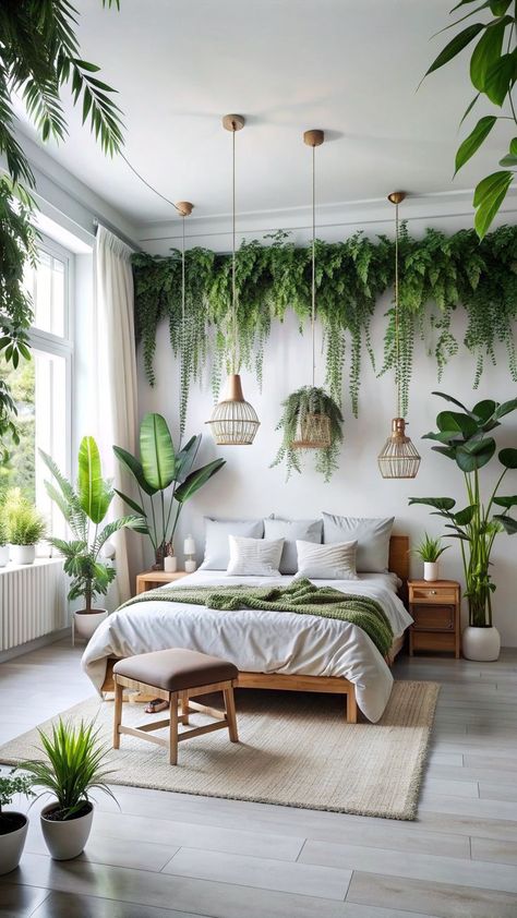 Minimalist Nature Bedroom, Modern Natural Home Decor, Biophilic Bedroom Design, Bedroom With Plants, Lots Of Plants, نباتات منزلية, Boho Style Bedroom, Bedroom Plants, House Plants Decor