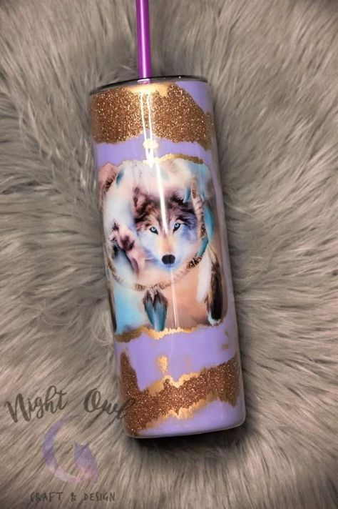 Wolf Tumbler, Wolf Dreamcatcher, Tumbler Pictures, Glitter Tumblers, Owl Crafts, Purple Gold, Tumbler Wrap, Color Choices, Gold Glitter