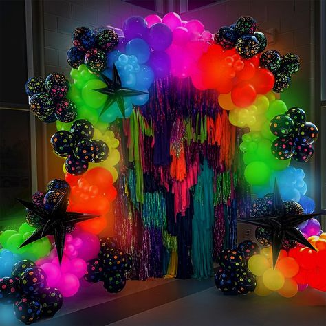 PRICES MAY VARY. Glow in The Dark Party Decorations: You can get 160pcs neon balloons,3pcs explosion star foil balloons and 2pcs tools. Fluorescent party decorations create stunning photo opportunities that guests will love to capture and share. PREMIUM MATERIAL: Our UV neon balloons are made of natural latex, non-toxic. All materials are of high quality and good safety. The balloons are resilient and long-lasting,ensuring the arch remains vibrant throughout the event. Please be careful not to o Neon Balloon Arch, Dark Party Decorations, 90s Disco Party, Disco Party Decor, 90s Disco, Glow In The Dark Party, Dark Party, Glow Birthday, Uv Black Light