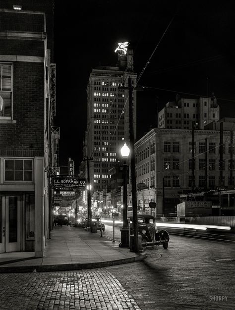 January 1942. "Night view, downtown section. Dallas, Texas." Medium format negative by Arthur Rothstein for the Office of War Information. Shorpy Historic Picture Archive Film Noir Photography, Framed Poster Art, Hanging System, Downtown Dallas, Underworld, Source Of Inspiration, After Dark, Vintage Photography, Ebern Designs