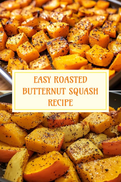 A delightful guide to making easy roasted butternut squash with two images showcasing preparation steps and the final beautifully roasted dish. Sliced Butternut Squash Recipes, Easy Way To Peel Butternut Squash, Oven Roasted Butternut Squash Recipes, Quick Butternut Squash Recipes, Recipes For Butternut Squash Side Dishes, Spices For Butternut Squash, Sautéed Butternut Squash, Loaded Butternut Squash, How To Roast Butternut Squash In Oven