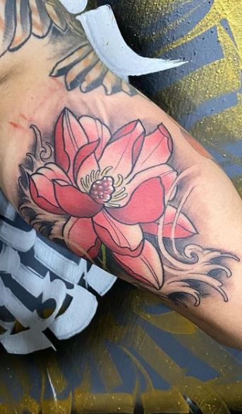 Lotus Tattoo Design Men, Lotus Bicep Tattoo, Japanese Lotus Tattoo Design For Men, Lotus Flower Tattoo With Shading, Lutos Tattoo Design, Lotus Flower Tattoo Japanese, Red Lotus Tattoo Design, Lotus Sleeve Tattoo, Chinese Flower Tattoo