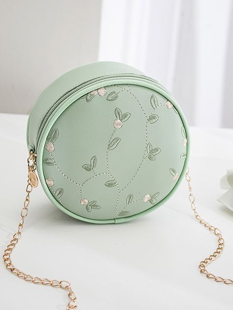 Floral Embroidered Chain Circle Bag Cute Sling Bags Korean, Cute Green Bags, Korean Purse, Cute Sling Bags, Shein Purse, Korean Sling Bag, Mint Green Bag, Mint Green Bags, Mint Green Purse