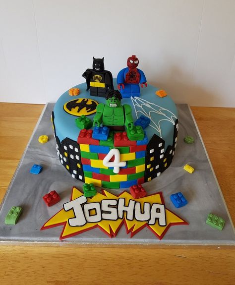 Marvel Lego Cake, Lego Superhero Birthday Party, Lego Avengers Cake, Lego Superhero Cake, Lego Spiderman, Superhero Birthday Cake, Lego Cake, Spiderman Party, Superhero Cake