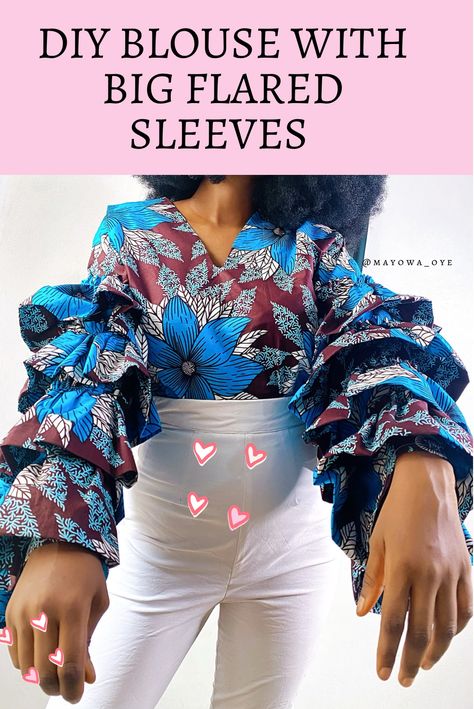 Statement tiered sleeves tutorial Flared Sleeves Top Outfit, Big Sleeves Blouse, Ankara Blouse, Forest Department, Big Sleeves, Statement Blouse, Sewing Things, Fashion Sewing Tutorials, Flared Sleeves Top