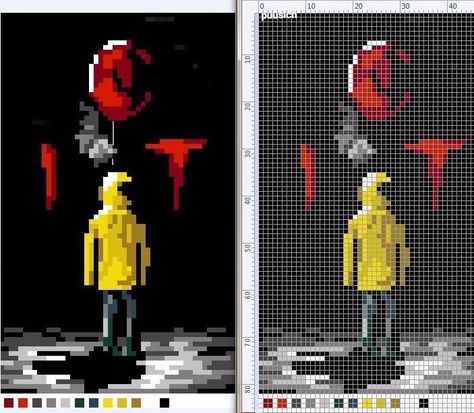 Pennywise Pixel Art Grid, Pennywise Cross Stitch Pattern, Perler Bead Pennywise, Pennywise Cross Stitch, Pennywise Crafts, Pennywise Pixel Art, Pixel Art Horror, Lego Mosaic, Easy Pixel Art