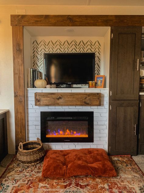 Rv Fireplace, Before And After Fireplace, Diy Mantel, Wood Mantel, Diy Camper Remodel, Small Fireplace, Rv Makeover, Diy Rv, Home On Wheels