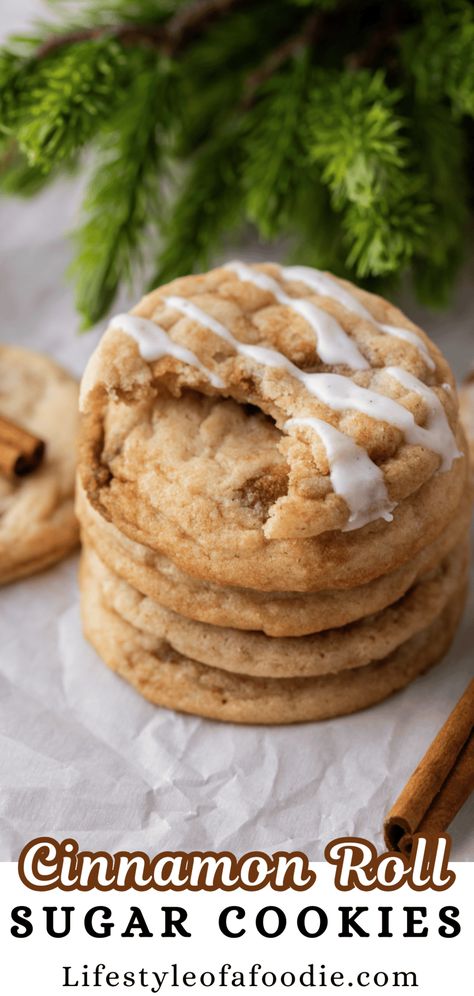 These Cinnamon Roll Sugar Cookies are made with a sugar cookie's buttery texture and the spiced filling of a classic cinnamon roll! Cinnamon Rolls Cookies Recipe, Cinnamon Roll Cookies Easy, Cinnamon Bun Cookies, Easy Sweet Recipes Desserts, Cinnamon Roll Cookies Recipe, Flavored Sugar Cookies, Cinnamon Roll Sugar Cookies, Cinnamon Sugar Cookies Recipe, Cinnamon Cookies Recipes