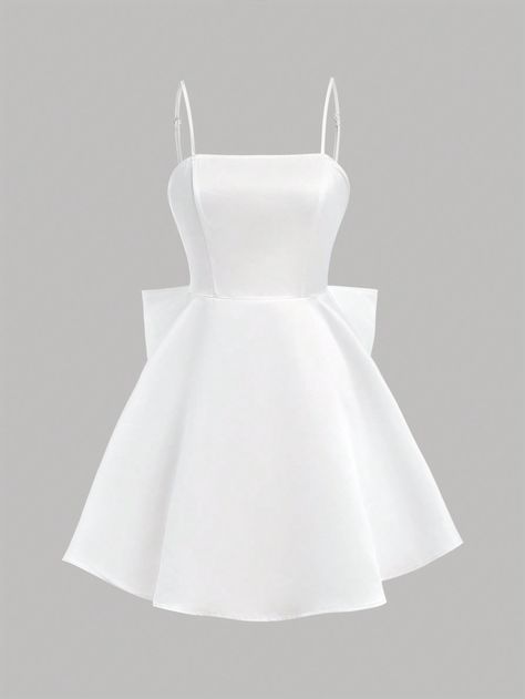 SHEIN Teen Girl Woven Solid Color Satin Backless Dress With Detachable Big Bowknot Casual Strappy DressI discovered amazing products on SHEIN.com, come check them out! Dama White Dresses, White Dresses Teen, White Sweet Sixteen Dresses, 14th Birthday Dress Ideas, Dutchess Aesthetic, White Satin Dress Aesthetic, Continuation Dresses, 7th Grade Dance Dresses, White Poofy Dress